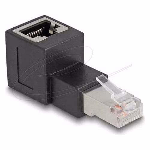 Delock Adaptér ze zástrčky RJ45 na zásuvku RJ45, Cat.6A, zahnutý nahoru v úhlu 90°