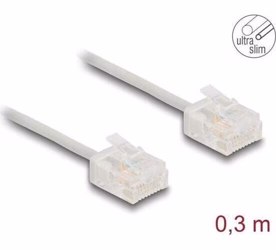 Delock Síťový kabel rozhraní RJ45 Cat.6, UTP Ultra Slim, 0,3 m, šedá s krátkými zástrčkami