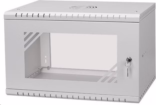 LEXI 19" nástenná skriňa Basic 6U, šírka 520 mm, hĺbka 450 mm, sklenené dvere, bez zadnej steny, sivá