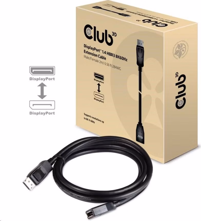 Club3D Kabel prodlužovací DisplayPort 1.4 HBR3 8K60Hz (M/F), 2m, 28 AWG