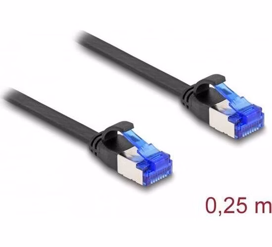 Delock RJ45 Plochý spojovací kabel ze zástrčky na zástrčku, Cat.6A, ohebný, 0,25 m, černý