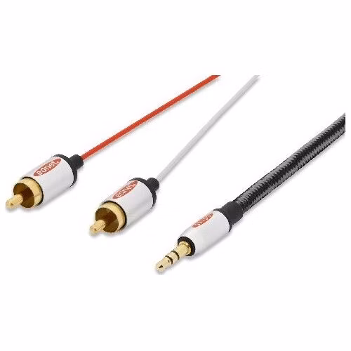 Ednet Audio propojovací kabel, stereo 3,5 mm samec -2x RCA samec, 2,5 m, CCS, stíněný, bavlna, zlato, sstříbrná/černá/červená
