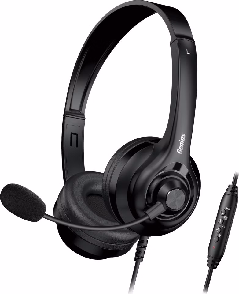 Genius HS-235U AI Headset, drátový, náhlavní, mikrofon, Copilot, ovládání hlasitosti, kabel 2,4m, USB, černý