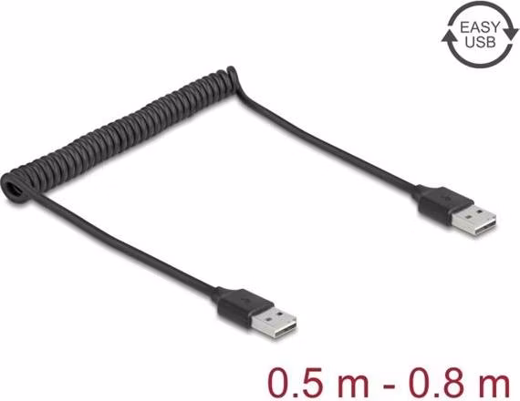 Delock Stočený kabel EASY-USB 2.0 ze zástrčky Typ-A na zástrčku EASY-USB Typ-A, 0,5 m až 0,8 m, černý
