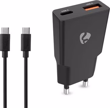Nedis WCHA20BKUC - Síťová nabíječka | 20 W | GaN | PD3.0 | Funkce rychlého nabíjení | 2 výstupy | USB-A / USB-C | Černá