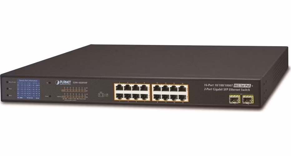 Planet GSW-1820VHP PoE switch, 16x1Gb + 2xSFP 1Gb, LCD, VLAN, extend mód 10Mb-250m, 802.3at 30/300W