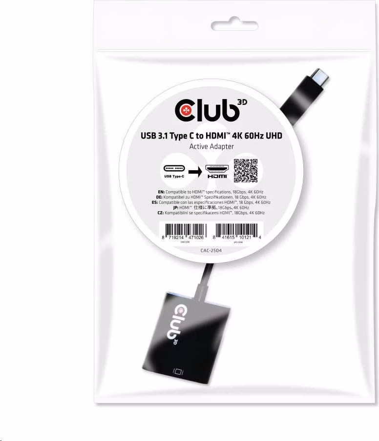 Aktívny USB adaptér Club3D 3.1 Typ C na HDMI 2.0 UHD 4K60Hz HDR, 17 cm