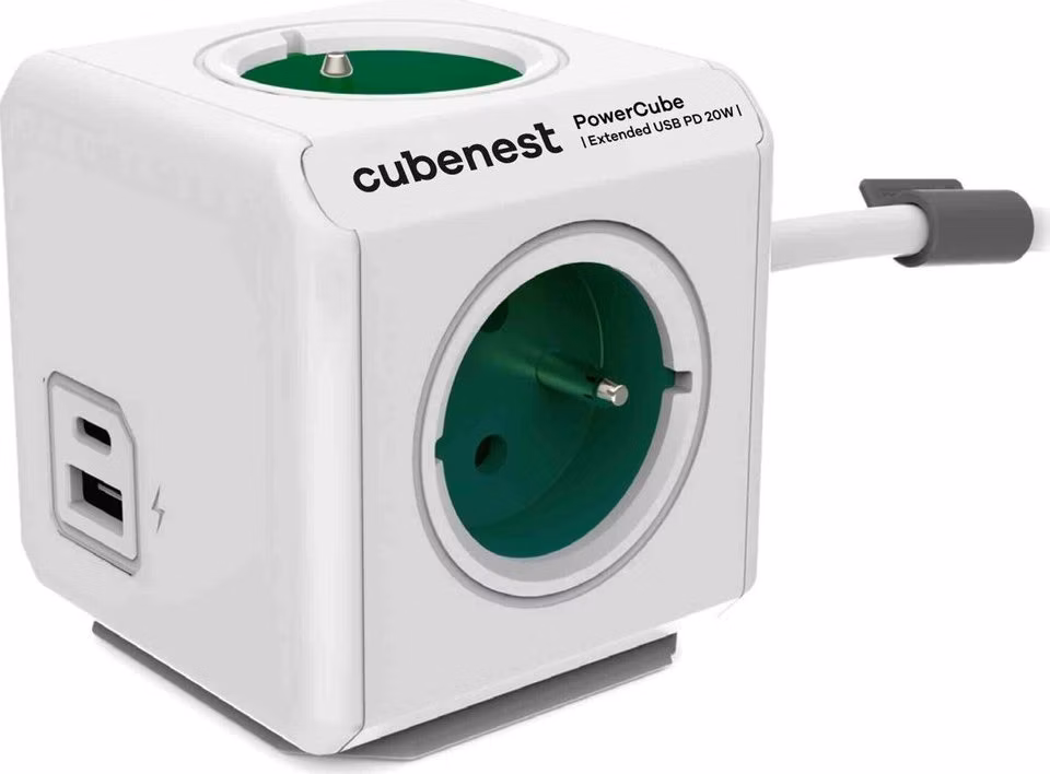 Cubenest Powercube Extended USB PD 20W, A+C, 4× zásuvka, 1,5m, bílá/zelená, dětská pojistka, uzemnění, dok, 10A/250V