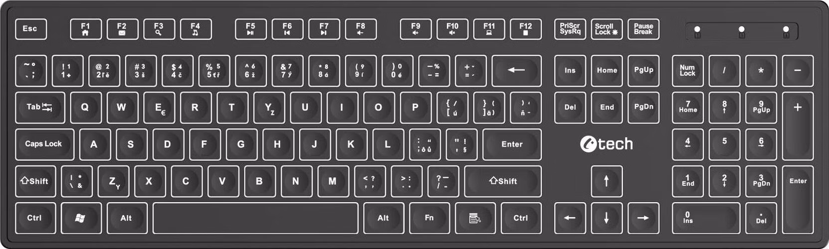 C-TECH klávesnice CZ/SK KB-201-BL, nízkoprofilová, podsvícení, USB, CZ/SK