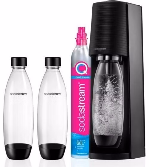 SodaStream Terra Black výrobník sody, mechanický, 2x 1l láhev SodaStream Fuse, bombička s CO2, černý
