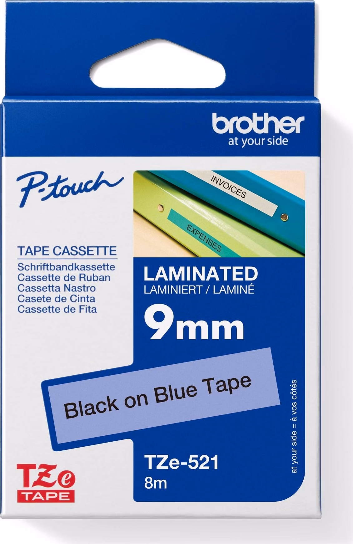 BROTHER laminovaná páska TZE-521/ modrá-černá/ 9mm