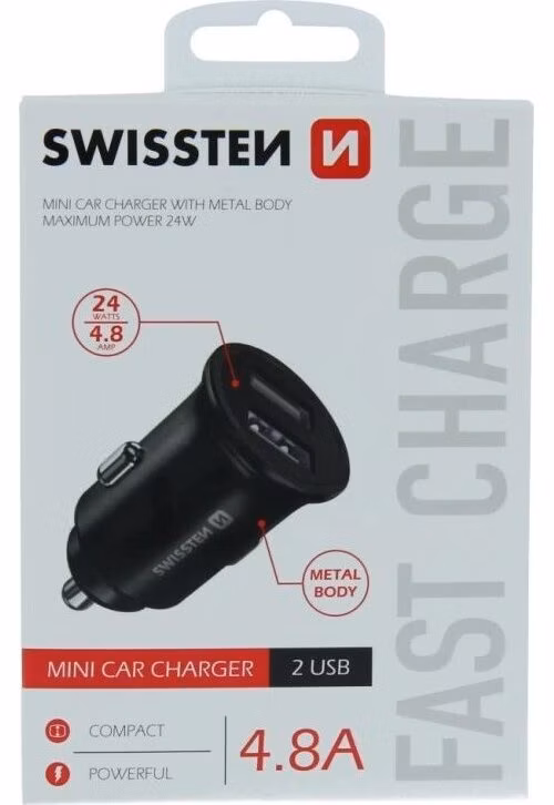 SWISSTEN CL ADAPTÉR 2x USB 4,8A METAL ČERNÝ