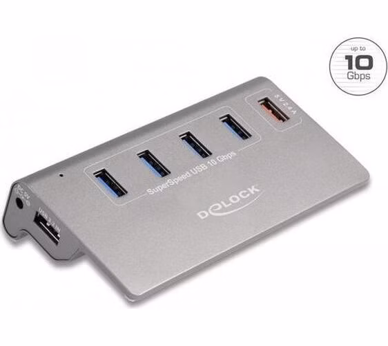 Delock Rozbočovač USB 10 Gbps se 4 porty USB Typu-A a jedním portem pro rychlé nabíjení včetně napájecího zdroje