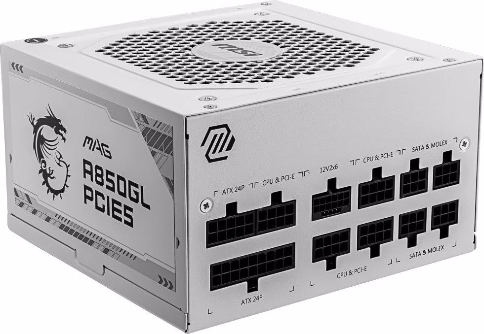 MSI zdroj MAG A850GL PCIE5 WHITE/ 850W/ ATX3.1/ akt. PFC/ 7 let celk. záruka/ 120mm fan/ modulární kabeláž/ 80PLUS Gold