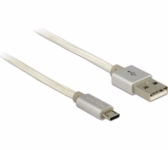 Delock Data and Charging Cable USB 2.0 Type-A male > USB 2.0 Micro-B male with textile shielding white 200 cm