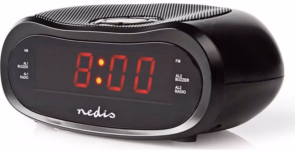 NEDIS digitální budík s rádiem/ LED displej/ AM/ FM/ funkce odloženého buzení/ časovač vypnutí/ 2 alarmy/ černý