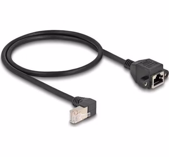 Delock Síťový prodlužovací kabel ze zástrčky S/FTP RJ45, pravoúhlý (90°), na integrovanou zásuvku RJ45, Cat.6A, 0,5 m, černý
