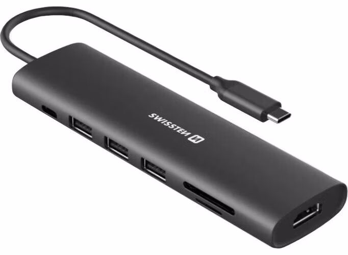Swissten usb-c hub 7-in-1 (usb-c 100w, hdmi 4k, 1x usb-a 3.0, 2x usb-a 2.0, sd, micro sd) aluminium