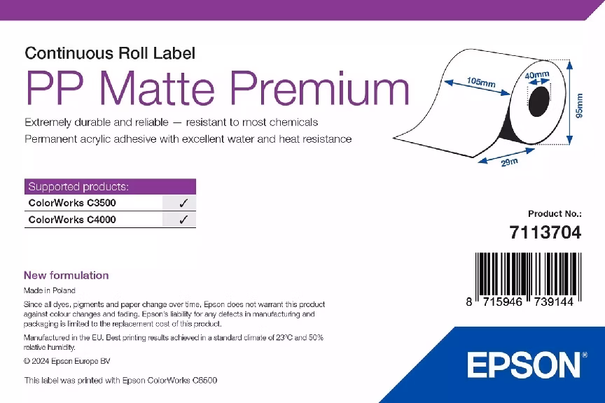 PP Matte Label Premium, Cont Roll, 105mm x 29m