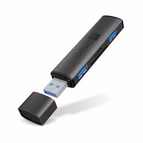 CONNECT IT COMPACT 4v1 USB-A hub + čtečka karet, (2xUSB-A 3.0, 1xSD, 1xMicroSD), externí, ANTRACITOVÁ