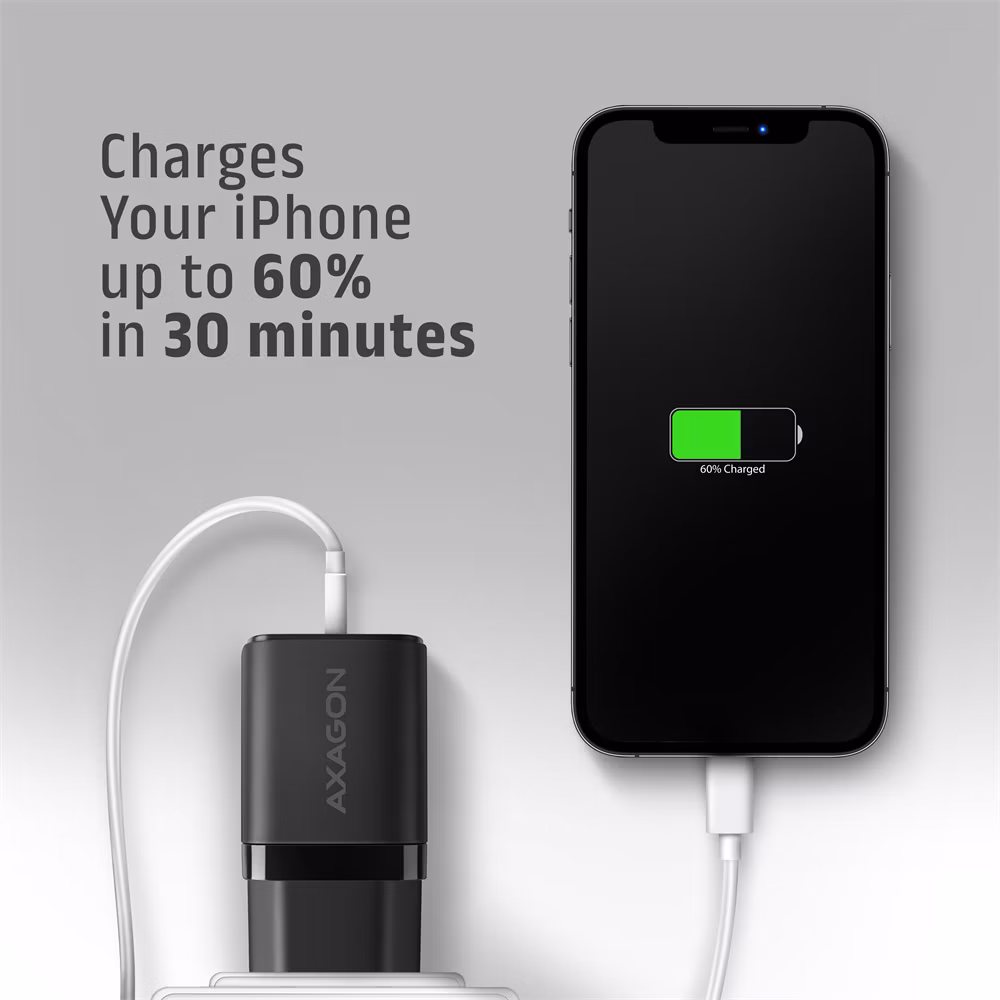 AXAGON ACU-PQ33, GaN nabíjačka do siete 33W, USB-A+USB-C, PD3.0/PPS/QC4+/SFC2.0/Apple, čierna