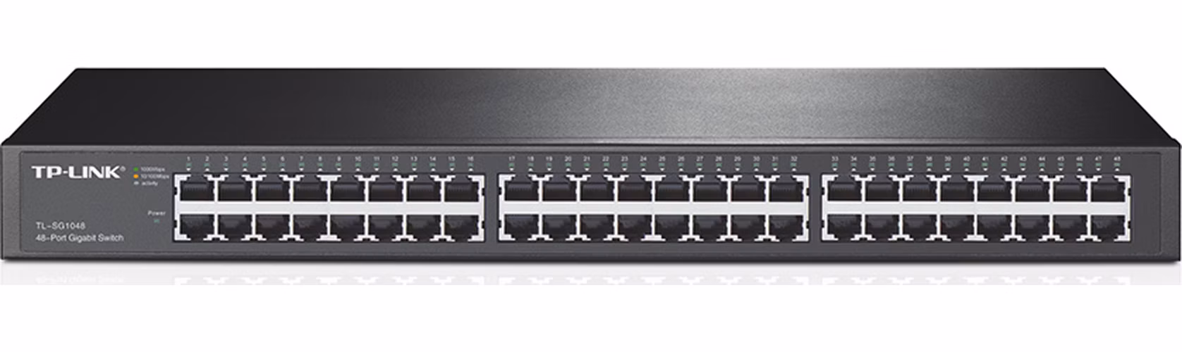 48-Port Gigabit Switch PORT: 48× Gigabit RJ45 Ports SPEC: 1U 19-inch Rack-mountable Steel Case FEATURE: Plug and Play