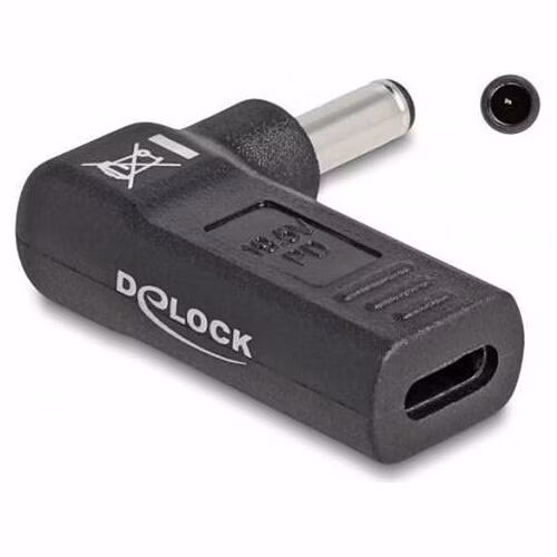 Delock Adaptér na kabel na nabíjení laptopu, ze zásuvky USB Type-C™ na zástrčku Dell 4,5 x 3,0 mm, úhlový 90°