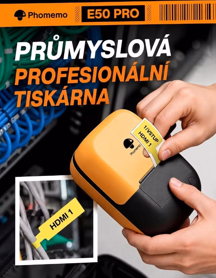 Phomemo Tiskárna štítků E50 Pro, oranžová + role štítků 230 ks (50x30 mm)