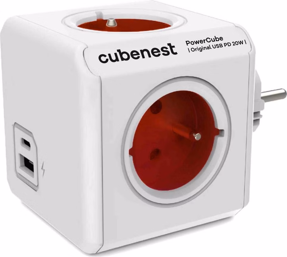 Cubenest Powercube Original USB PD 20W, A+C, 4× zásuvka, bílá/červená, dětská pojistka, uzemnění, max. 16A/250V~3680W