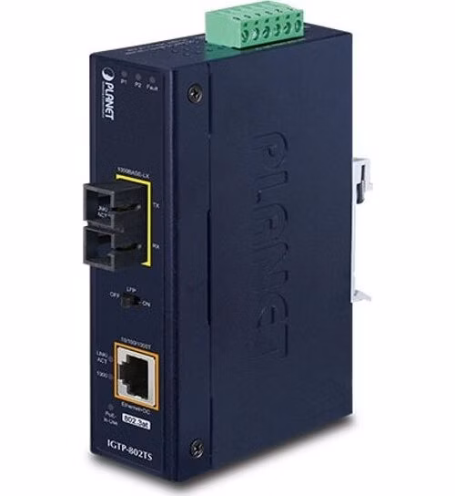 Planet IGTP-802TS konvertor RJ45/SC, 1Gbps, PoE injektor 802.3at, -40 až 75 st.C, IP30, SM s SC, 12-48VDC