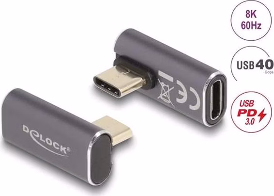 Delock USB Adaptér 40 Gbps USB Type-C™ PD 3.0 100 W samec na samice otočný pravoúhlý levý / pravý 8K 60 Hz kovová