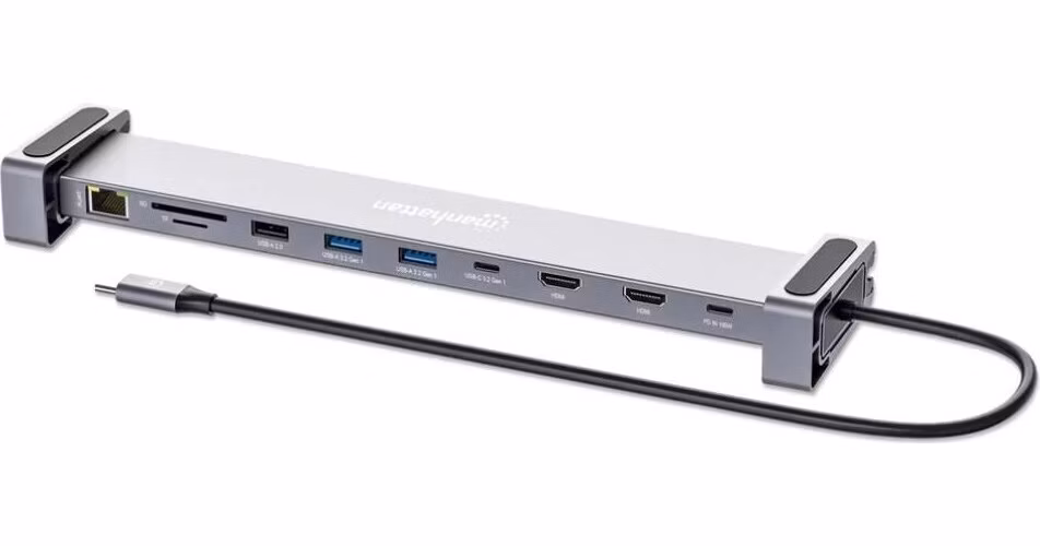 MANHATTAN Dokovací stanice USB-C 10v1, 2xHDMI, 2xUSB-C, 3xUSB, 1xRJ45, čtečka SD karet, šedá