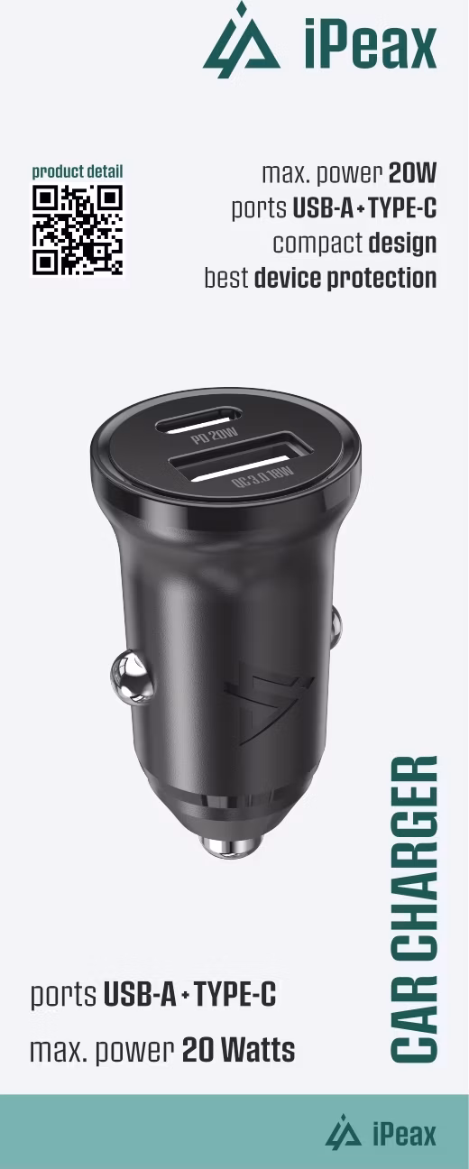AUTONABÍJAČKA CL-03, PD, 20W, USB-C + USB-A ČIERNA