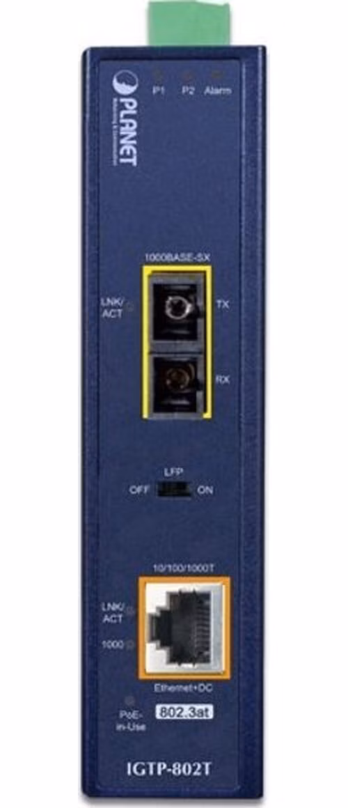 Planet IGTP-802T konvertor RJ45/SC, 1Gbps, PoE injektor 802.3at, -40 až 75 st.C, IP30, ESD 12-48 V DC