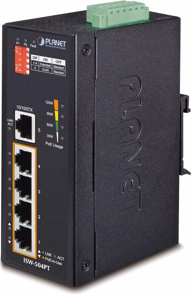 Planet ISW-504PT Průmyslový Switch 5x RJ-45, VLAN + Extend, -40~+75°C, PoE+ 802.3af/at 120W, 12-48VDC power-in