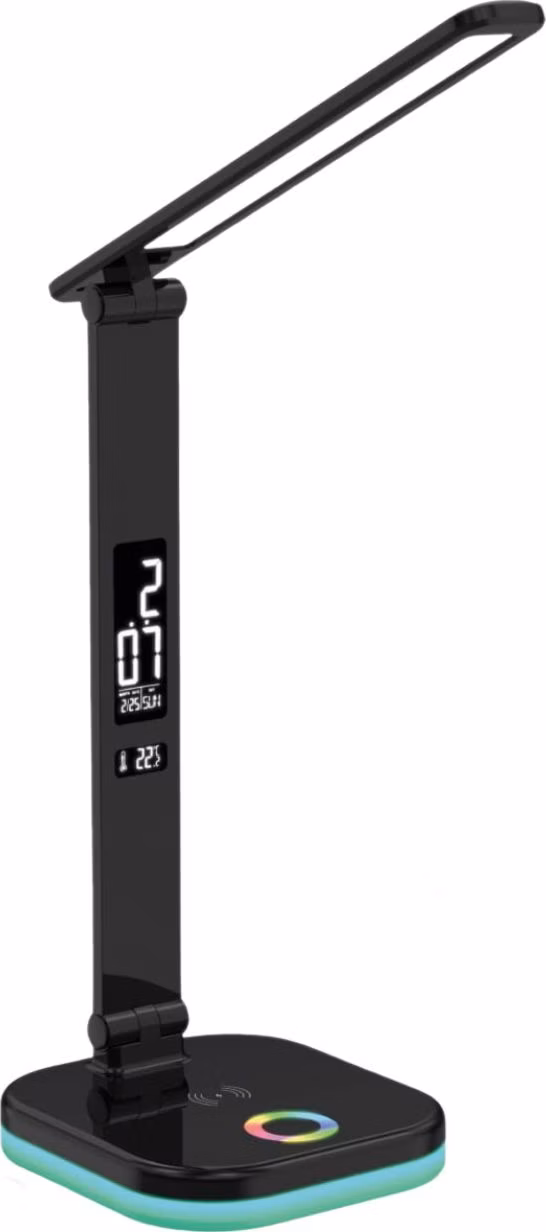 Platinet PDL711RGBB stolná LED lampa stmievateľná, bezdrôtové nabíjanie, hodiny, čierna