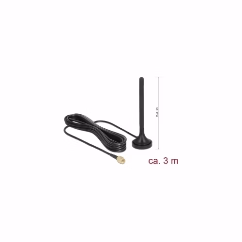 Delock LTE Anténa SMA samec 2 dBi všesměrová pevná s magnetickou základnou a připojovací kabel RG-174 3 m venkovní černý
