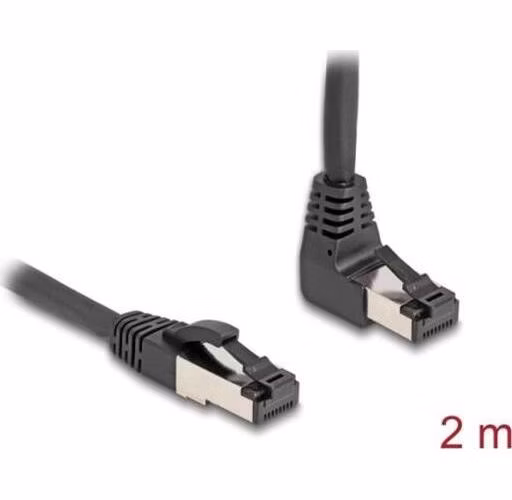 Delock Síťový kabel RJ45 Cat.8.1 S/FTP, zalomený nahoru o 90° / přímý, 2m, černý