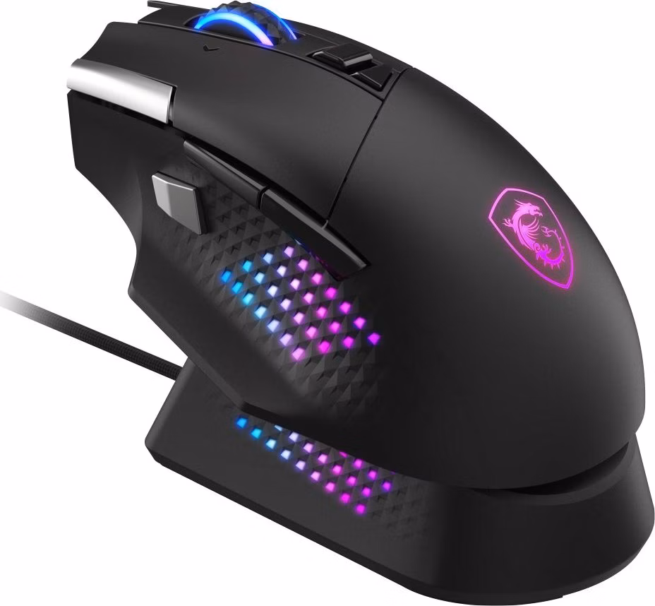 MSI herní myš VERSA PRO Wireless + Mouse Dock PRO/ bezdrátová/ 26.000 dpi/ 2,4GHz/ BT5.3/ USB/ RGB/ 15 tlačítek