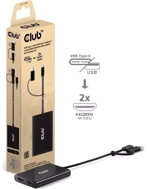 Club3D Video rozbočovač USB-C/A na 2xHDMI 2.0, Dual Monitor, 4K60Hz (M/F)