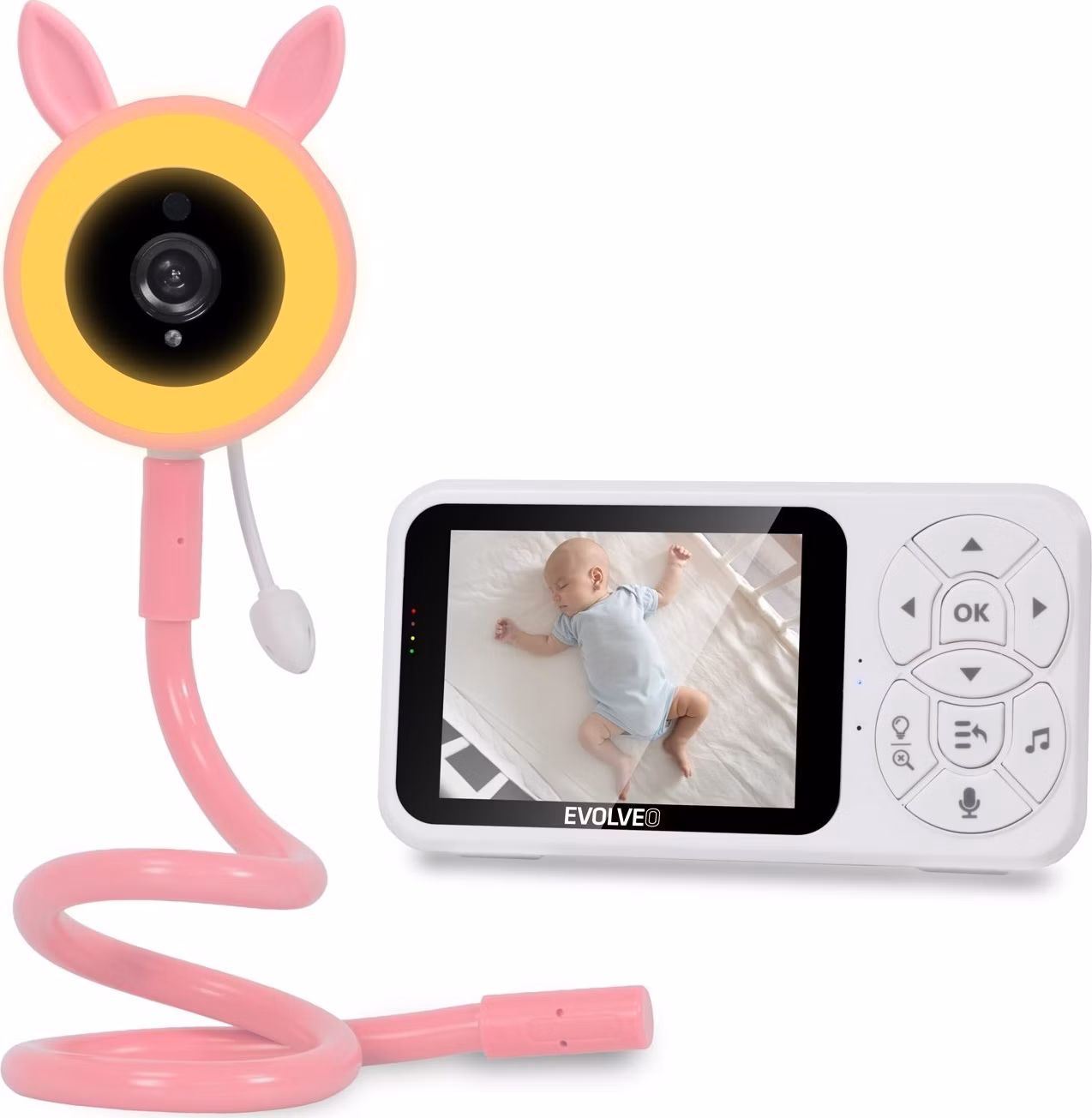 EVOLVEO Baby Monitor N35 – dětská chůvička s kamerou, VOX, teploměr, noční vidění, RGB světlo, Růžová