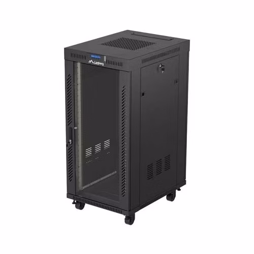 19" VOLNĚ STOJÍCÍ RACKOVÁ SKŘÍŇ 24U 600X800 ČERNÉ SKLENĚNÉ DVEŘE LCD LANBERG (FLAT PACK) V2