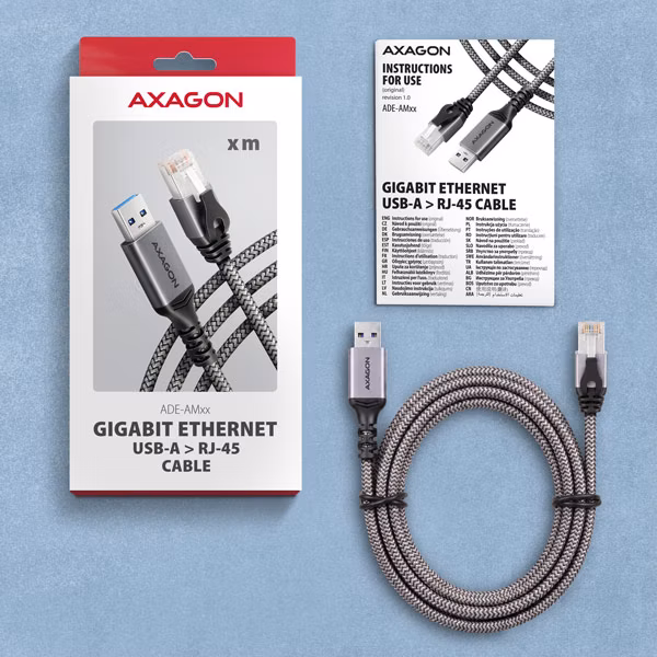 AXAGON ADE-AM20, USB-A Gigabit Ethernet adaptér s integrovaným sieťovým CAT6 káblom RJ-45 (2 m)