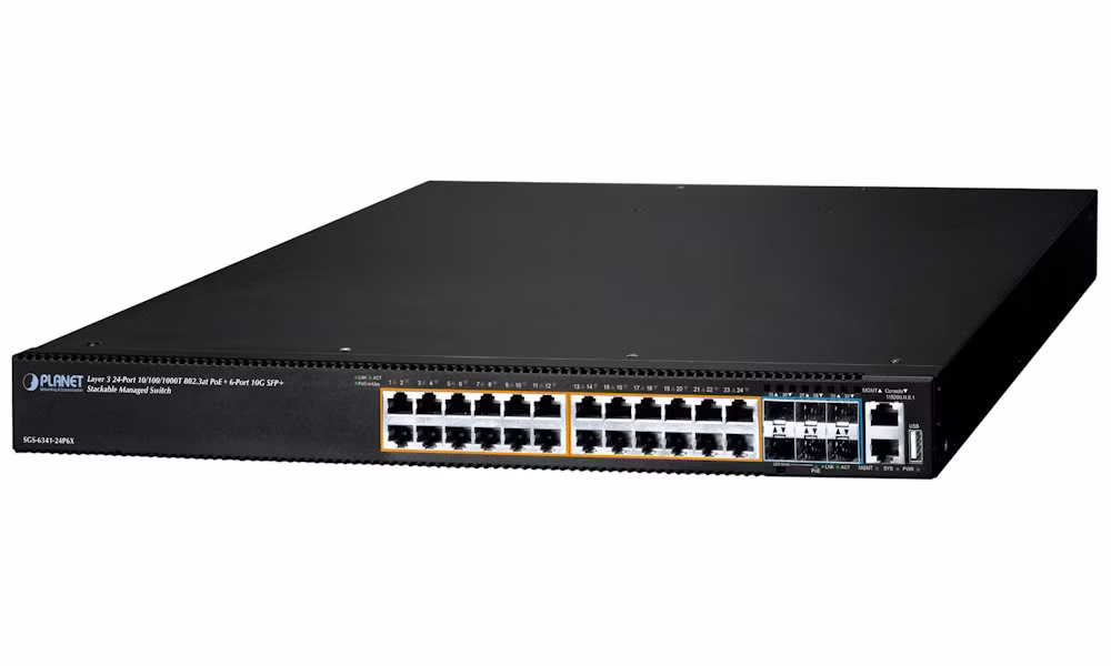 Planet SGS-6341-24P6X L3 switch, 24x1Gb, 6x10Gb SFP+, 24x PoE 802.3at 370W, HW/IP stack, VSF/Cluster, NIS2+NDAA