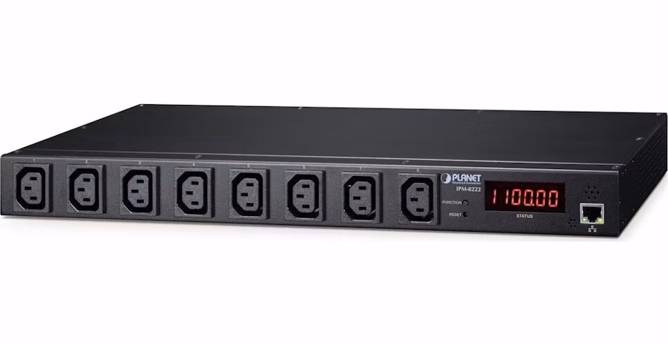 Planet IPM-8222, IP ovládání 8x zásuvek 240V/10A, 1 GbE, 1U Rack/desktop, LED+displej, port pro senzor