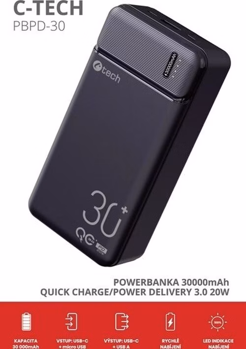 BAZAR - C-TECH Powerbanka 30000mAh, Li-Pol, 20W, USB-C/USB-A/micro USB, poškozený obal