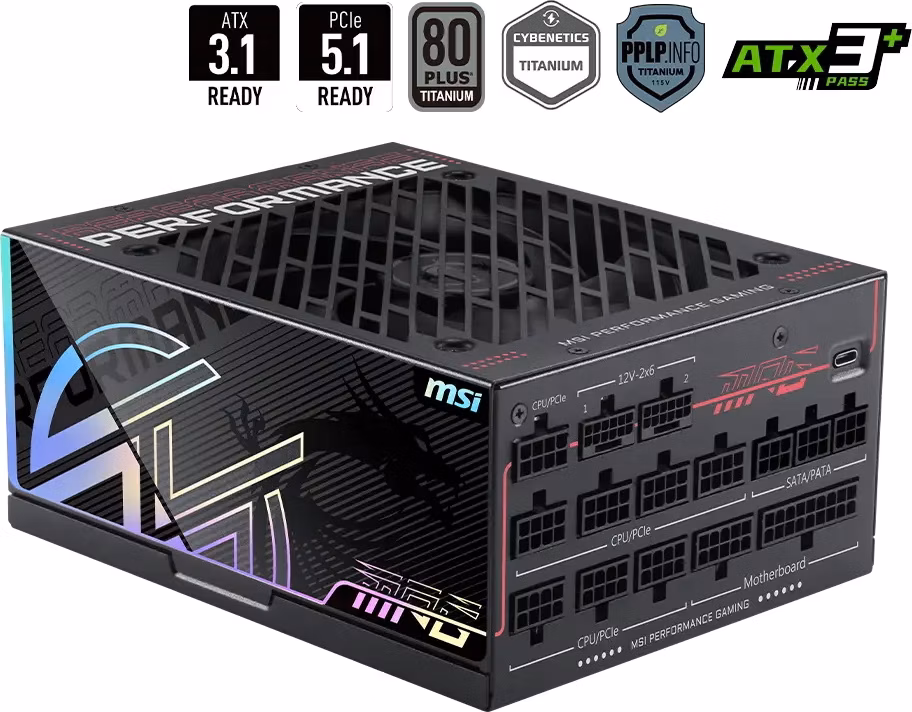 MSI zdroj MPG Ai1300TS PCIE5/ 1300W/ ATX3.1/ akt. PFC/ 12 let záruka/ 135mm ventilátor/ modulární/ 80PLUS Titanium