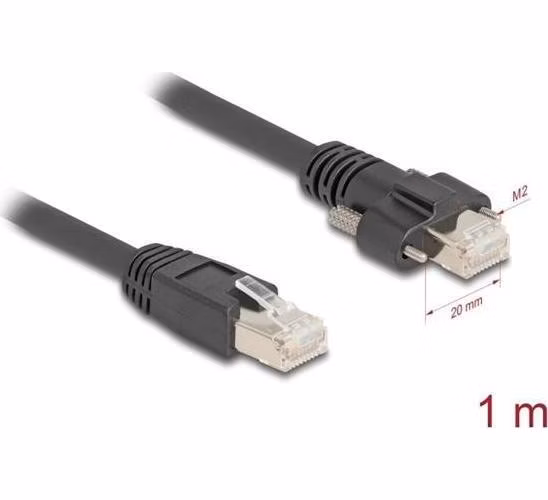 Delock Kabel ze zástrčky RJ45 na zástrčku RJ45 se šrouby, 20 mm, pro GigE kameru Cat.6A S/FTP, 1 m, černý