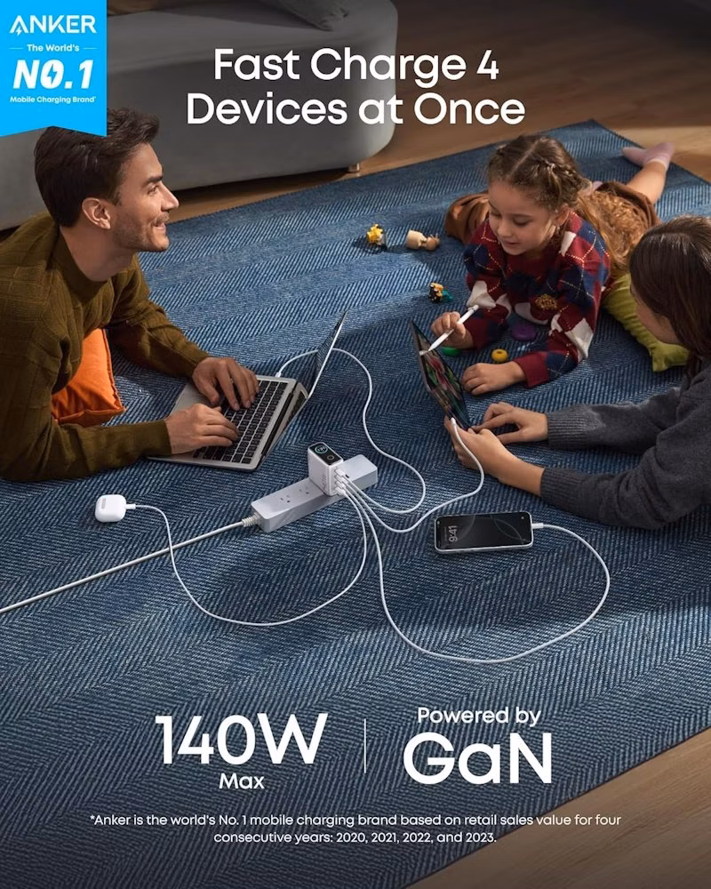 Anker Prime nabíječka/ 140W/ 3x USB-C/ USB/ displej/ stříbrná + USB-C kabel