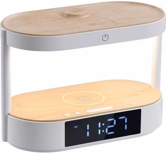 IMMAX LED budík TRIPLE DOCK/ 3v1 bezdrátové nabíjení/ 20W/ 9V/2,22A/ AC 220-230V/ 30lm/ USB-C/ bílý (světlé dřevo)